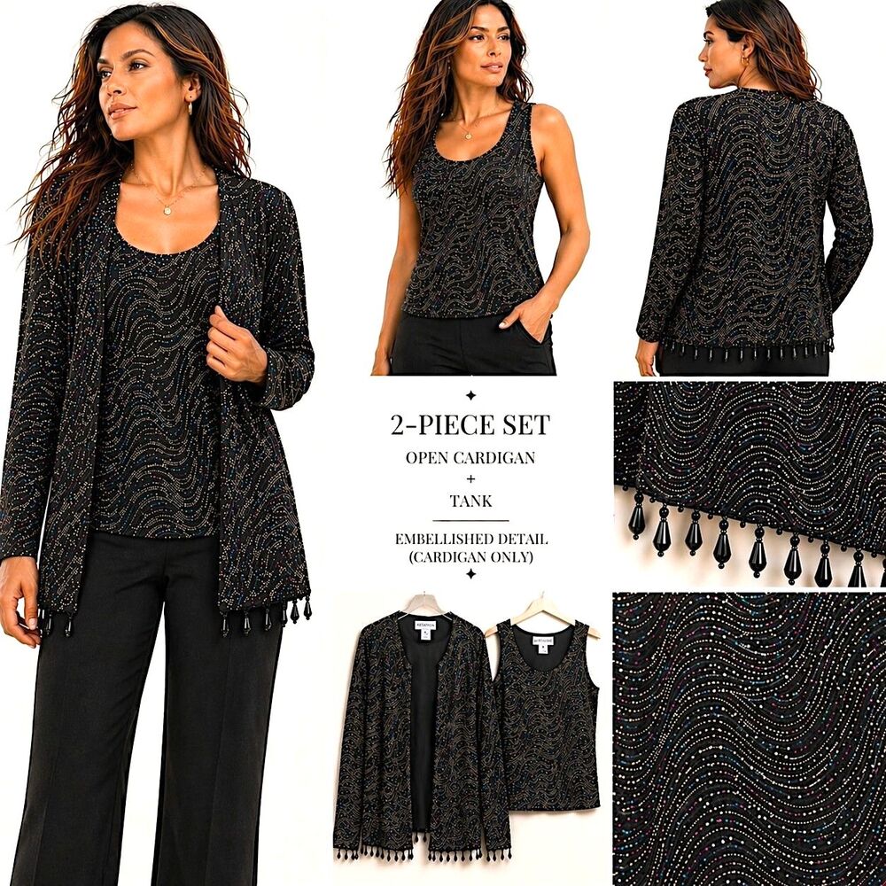 Dark Glam Sparkle 2pc Set Sz S Beaded Fringe Cardigan Tank Evening Party Elegant
